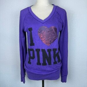 Victoria's Secret Pink Purple I Love Pink V Neck Long Sleeve Sweatshirt Top XS‎